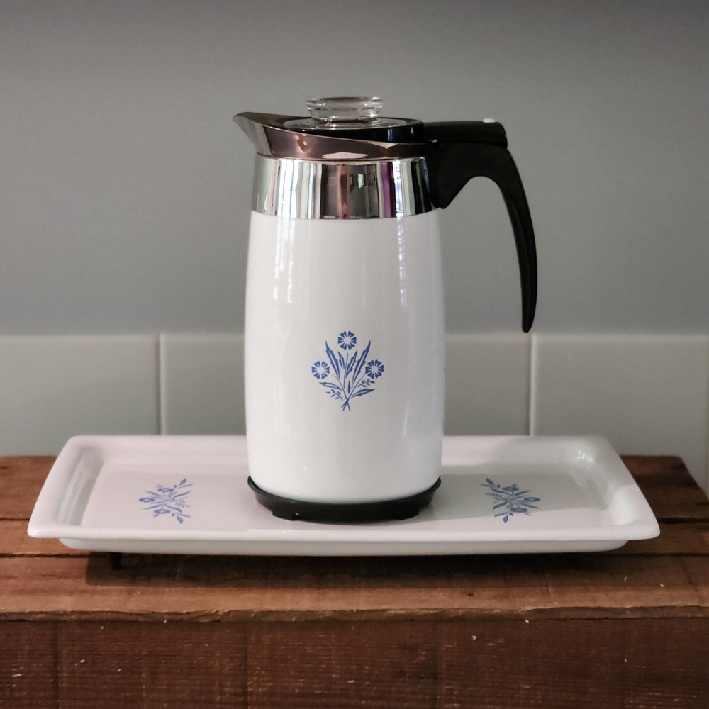 Vintage Corning Ware 10 Cup Percolator & Matching Warming Tray | Blue Cornflower